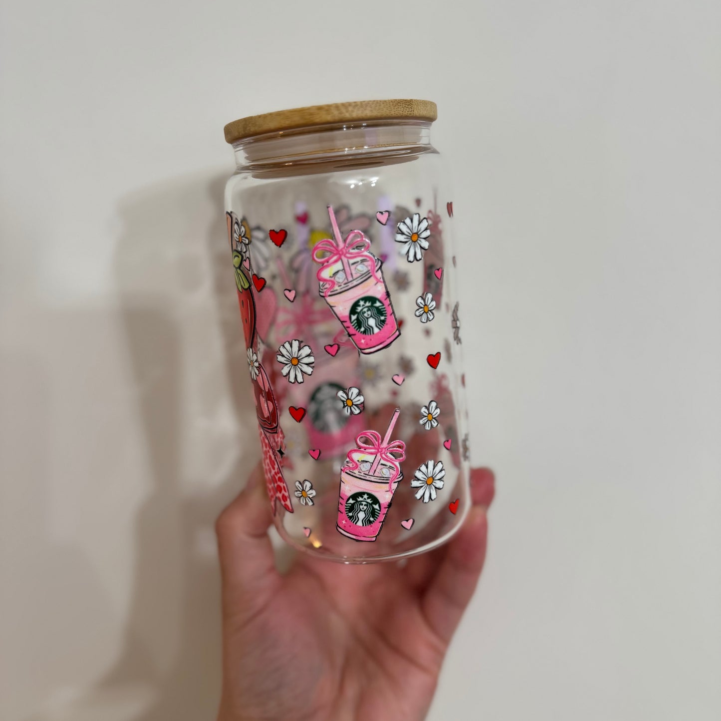 Glass Tumbler | Pink Strawberry, bow Starbucks