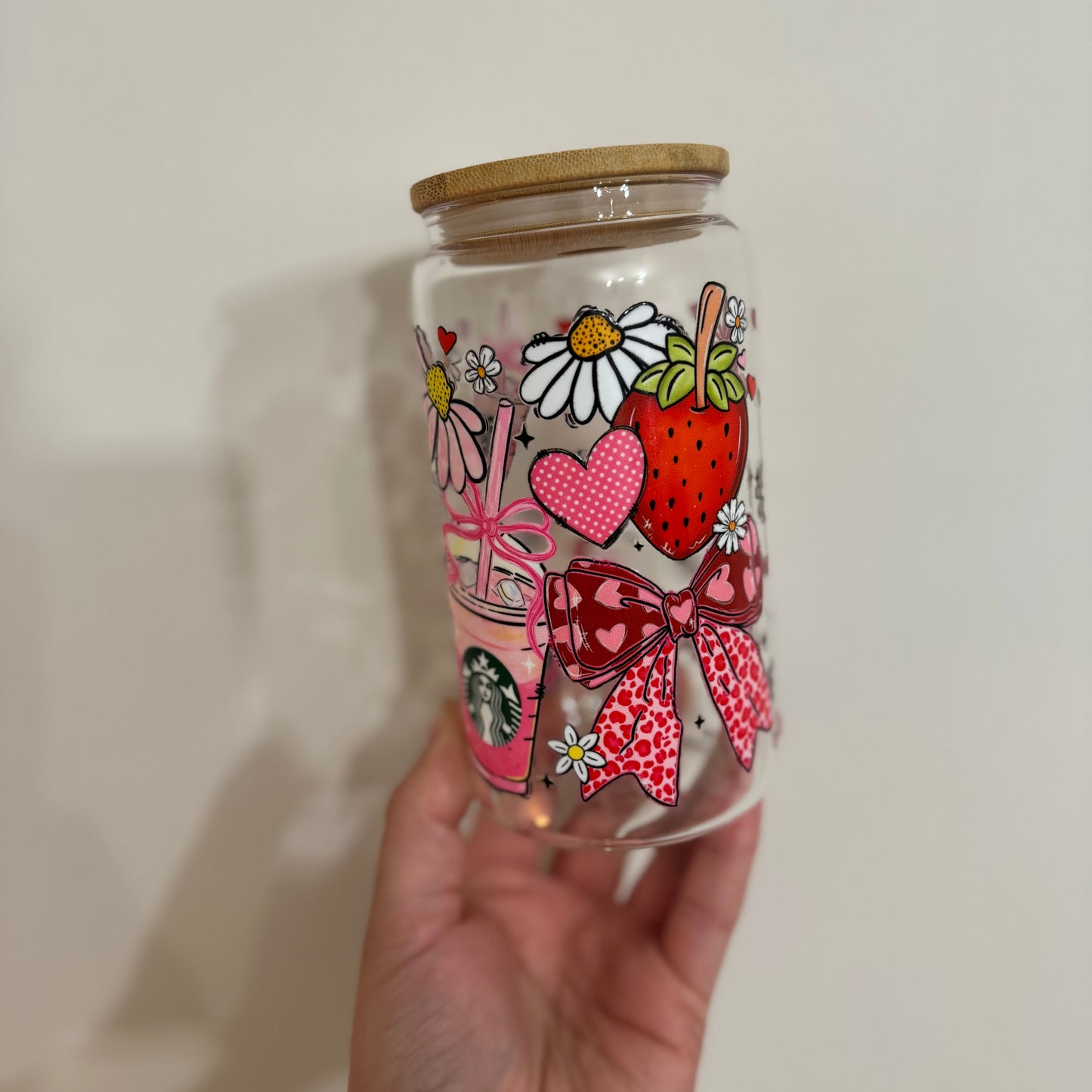 Glass Tumbler | Pink Strawberry, bow Starbucks